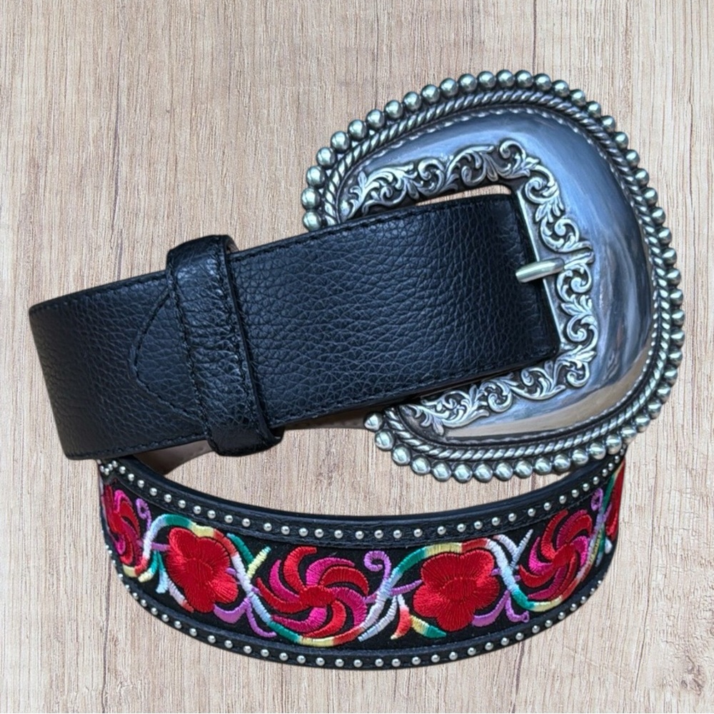 Tony Lama My Maria Floral Red-Black Embroidered Leather Western Belt Size 30 NWT